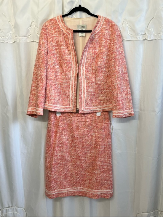 Louis Feraud Dresses & Skirts - Louis Feraud Tweed Skirt Suit FR 46 US 14 XL Pink Coral Silk Lined 2 Piece